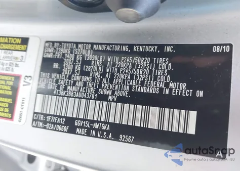 2010 Toyota Venza Base V6 из США, поврежденный, VIN 4T3BK3BB3AU043781